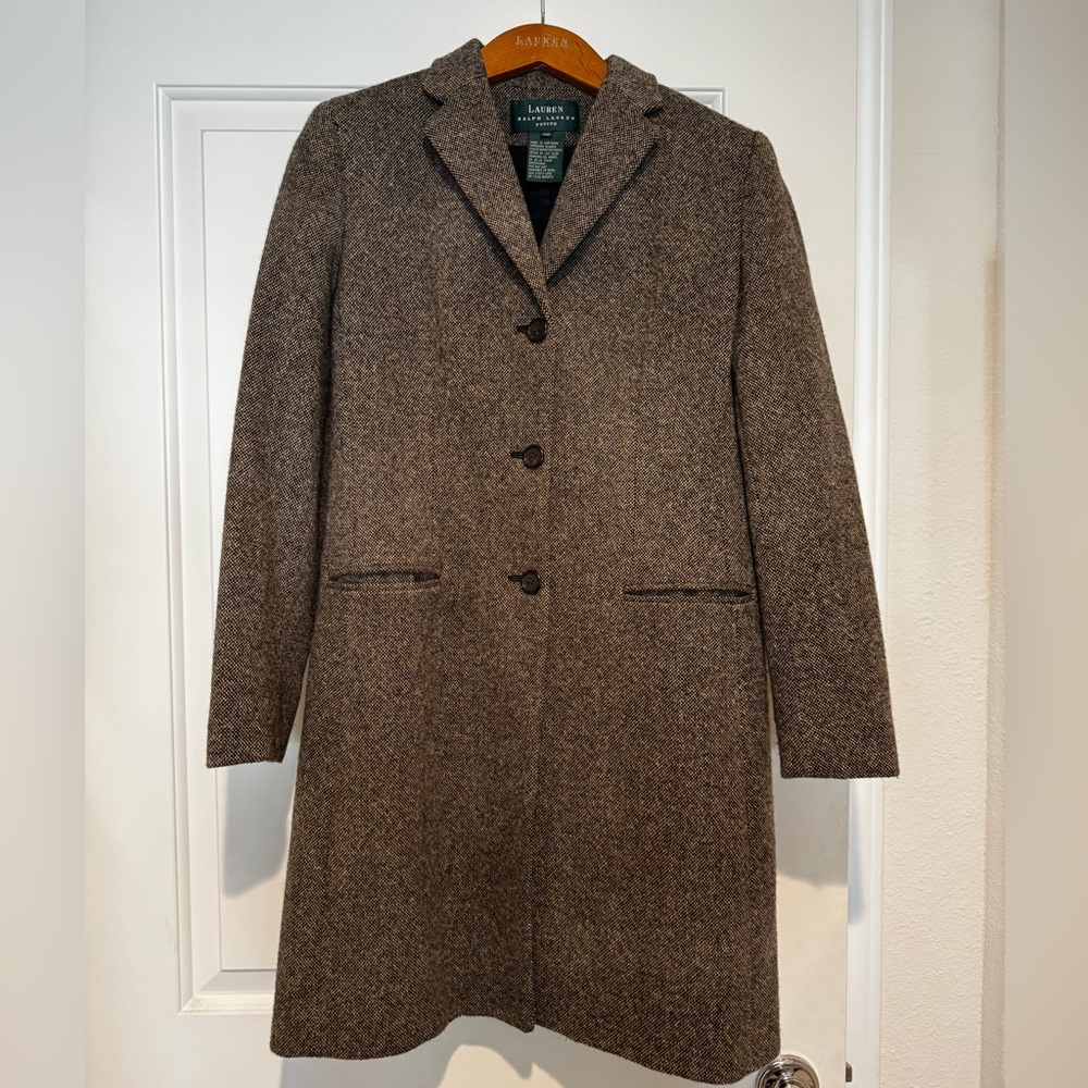 Ralph Lauren Brown Peacoat Lambswool Tweed Academia Jacket Womens Size 10P